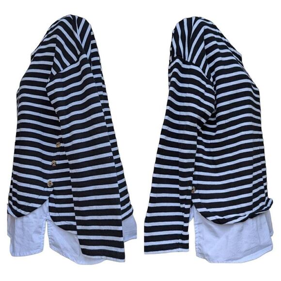 Izod Mock Layered Knit Sweater Pullover Black and White Striped Size L Buttons - Picture 6 of 9